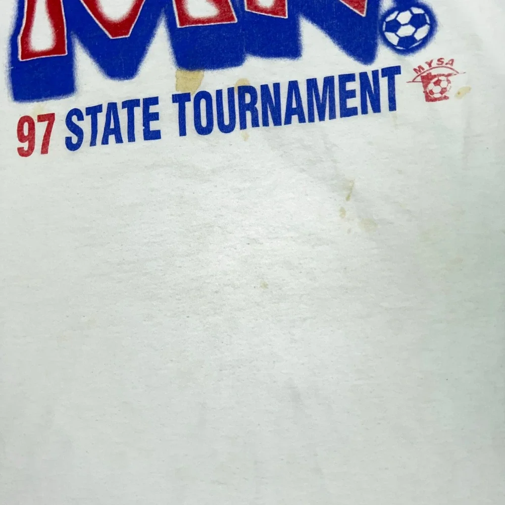 Vintage Adidas Shirt Men XL White Blue Logo Graphic Tee USA 1997 MN Soccer State